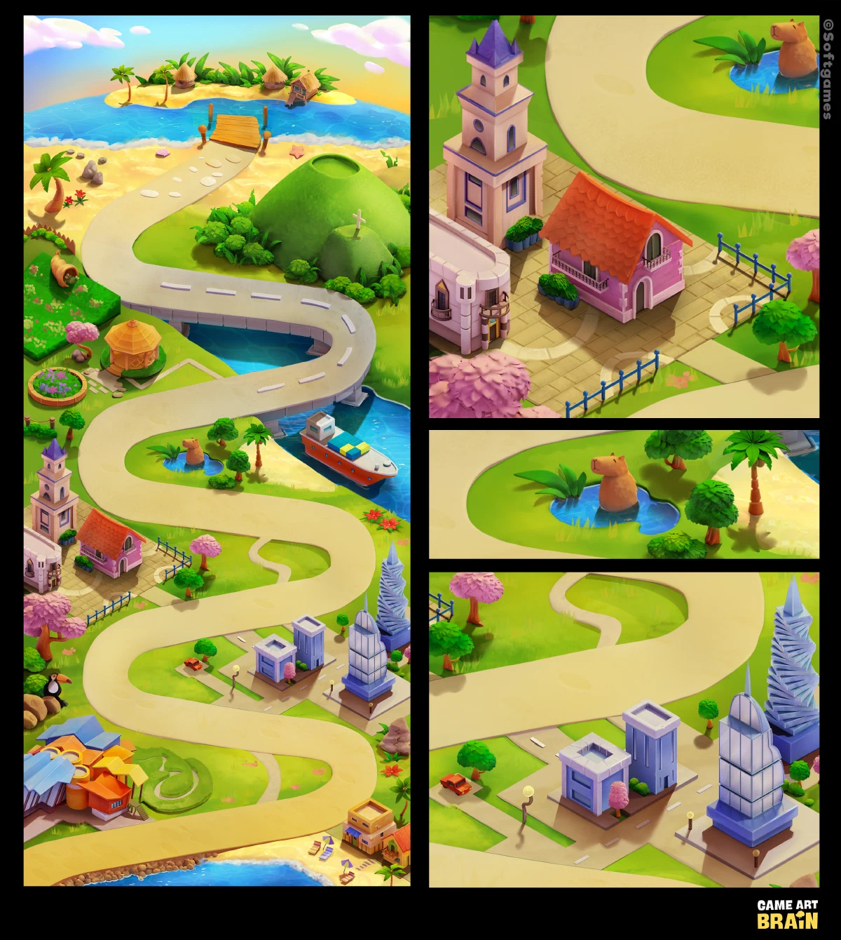 Colorful winding island road with tropical landscape and city details