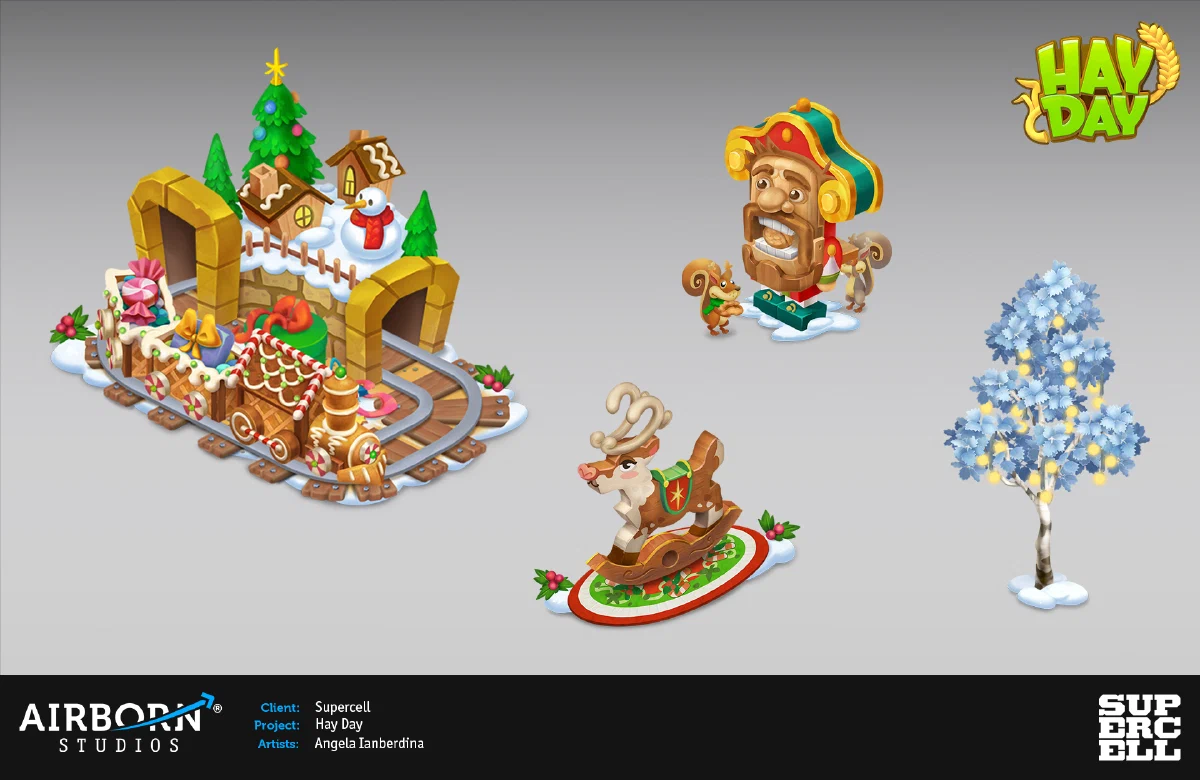 Hay Day holiday decoration concepts including a gingerbread train and ice sculpture