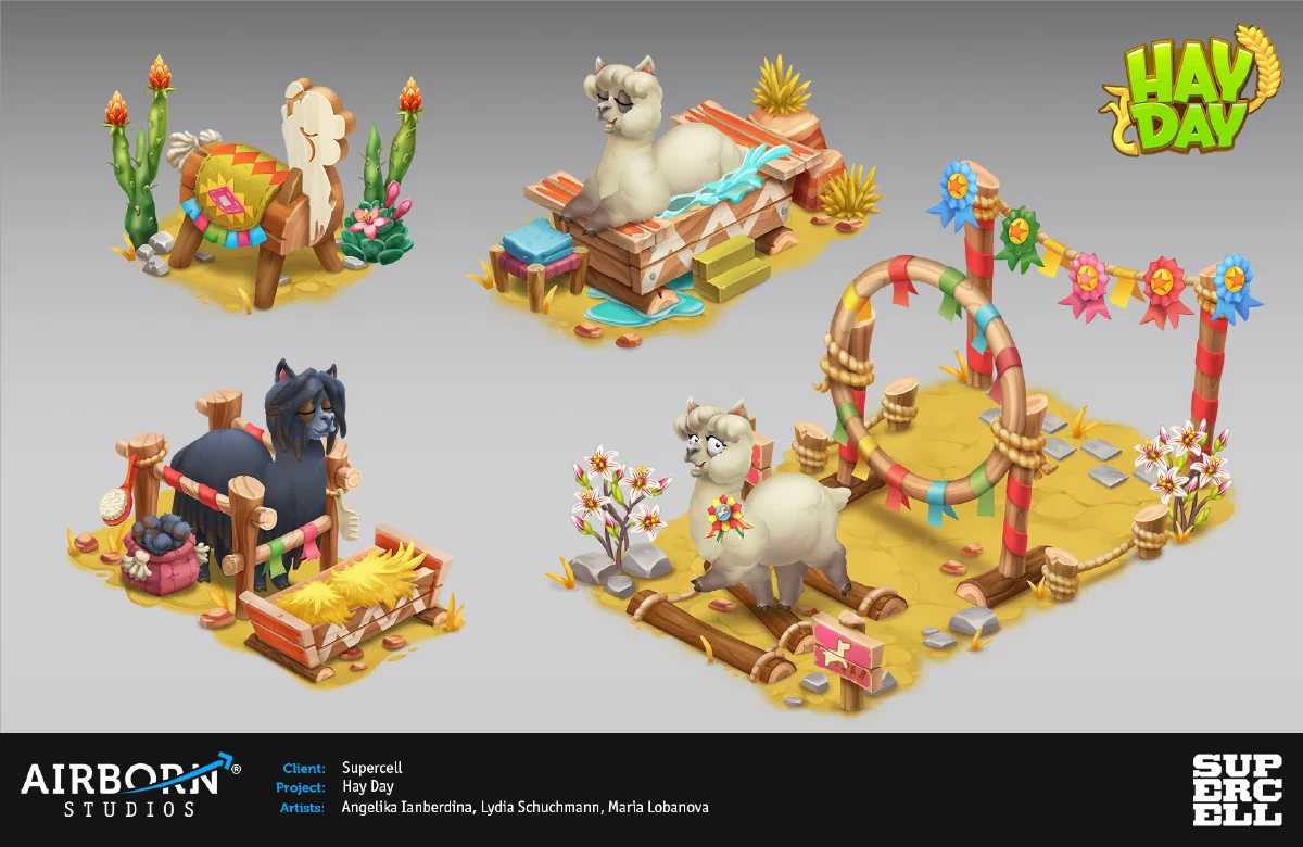 Hay Day spring decoration concepts with Alpacas and festival props