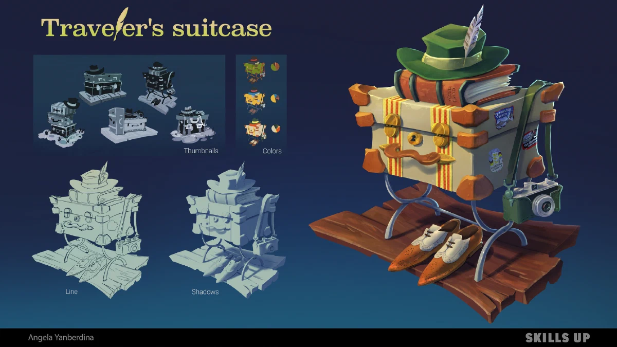Traveler's suitcase character design and development sheet