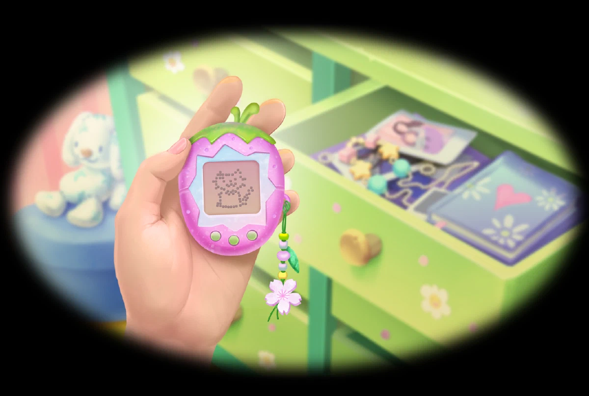 Pink virtual pet device held above a pastel game board